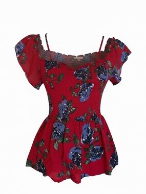Crave Fame Red Floral Smocked Peplum Blouse